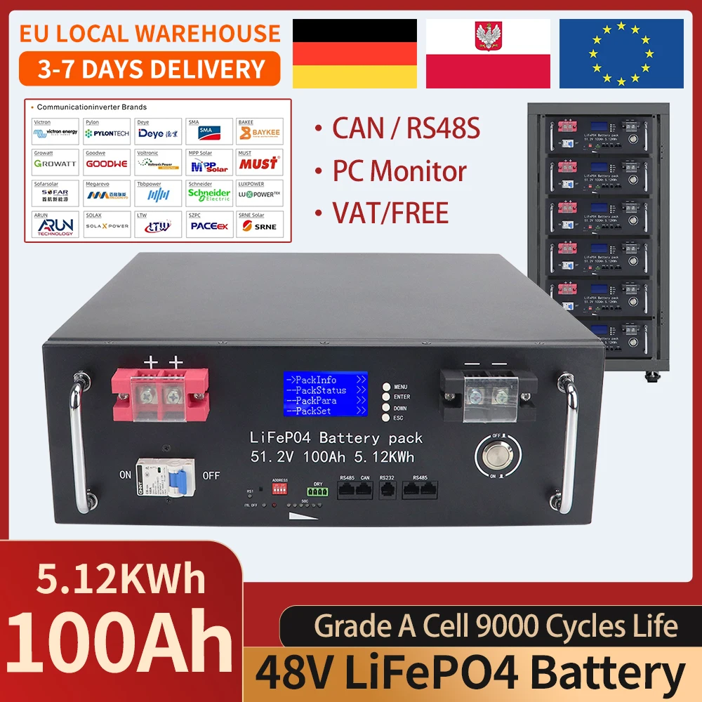 Batterie LiFePO4 48V 100AH 230AH 5120Wh avec BMS 100A intégré, 9000 cycles, CAN RS485 pour système d'énergie domestique / système solaire hors réseau
