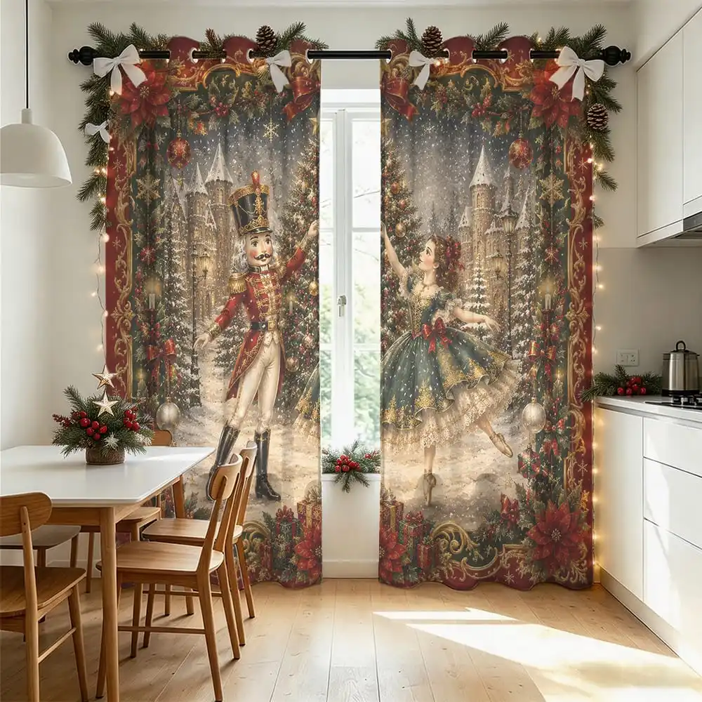 2pcs Nutcracker Mouse King Christmas Ballet Double Sided Curtains Perforated Shading Window Drapes Living Room Bedroom Home F
