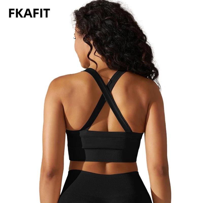 Cross Back Strap Sports Bra Top Women Push Up Yoga Gym Crop Top Plunge Neckline Bras