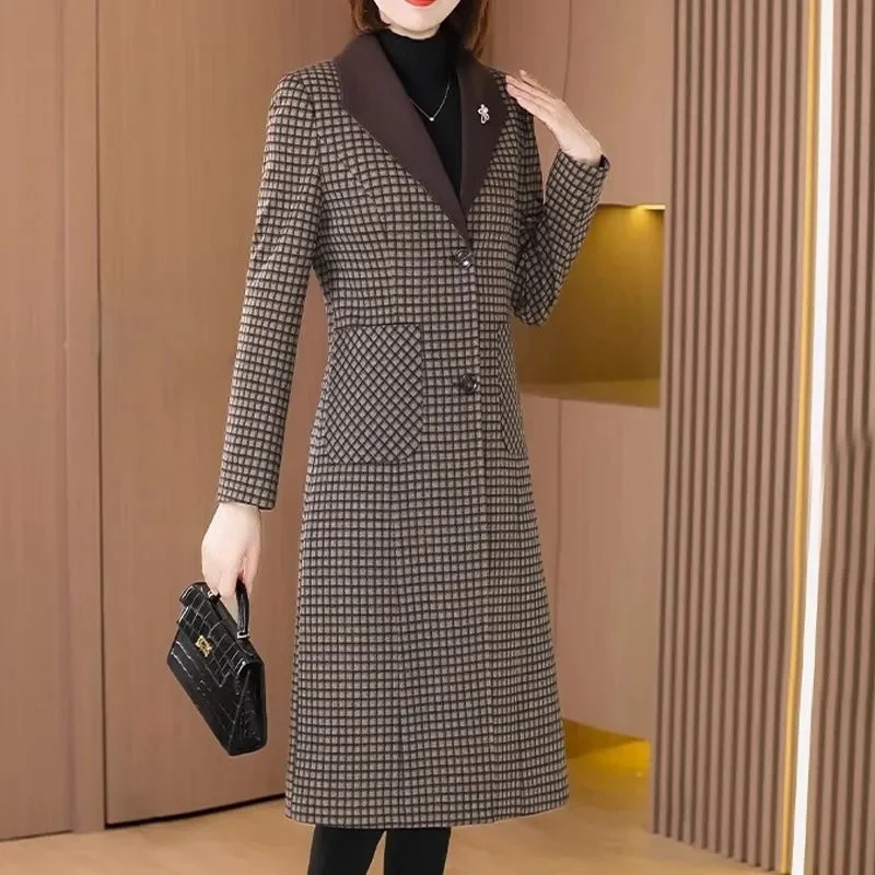 2024 Autumn New High End Mom Plaid Suit Woolen Trench Coat Women Korean Covering Meat Crotch Slim Knee Length Mid Length Coat