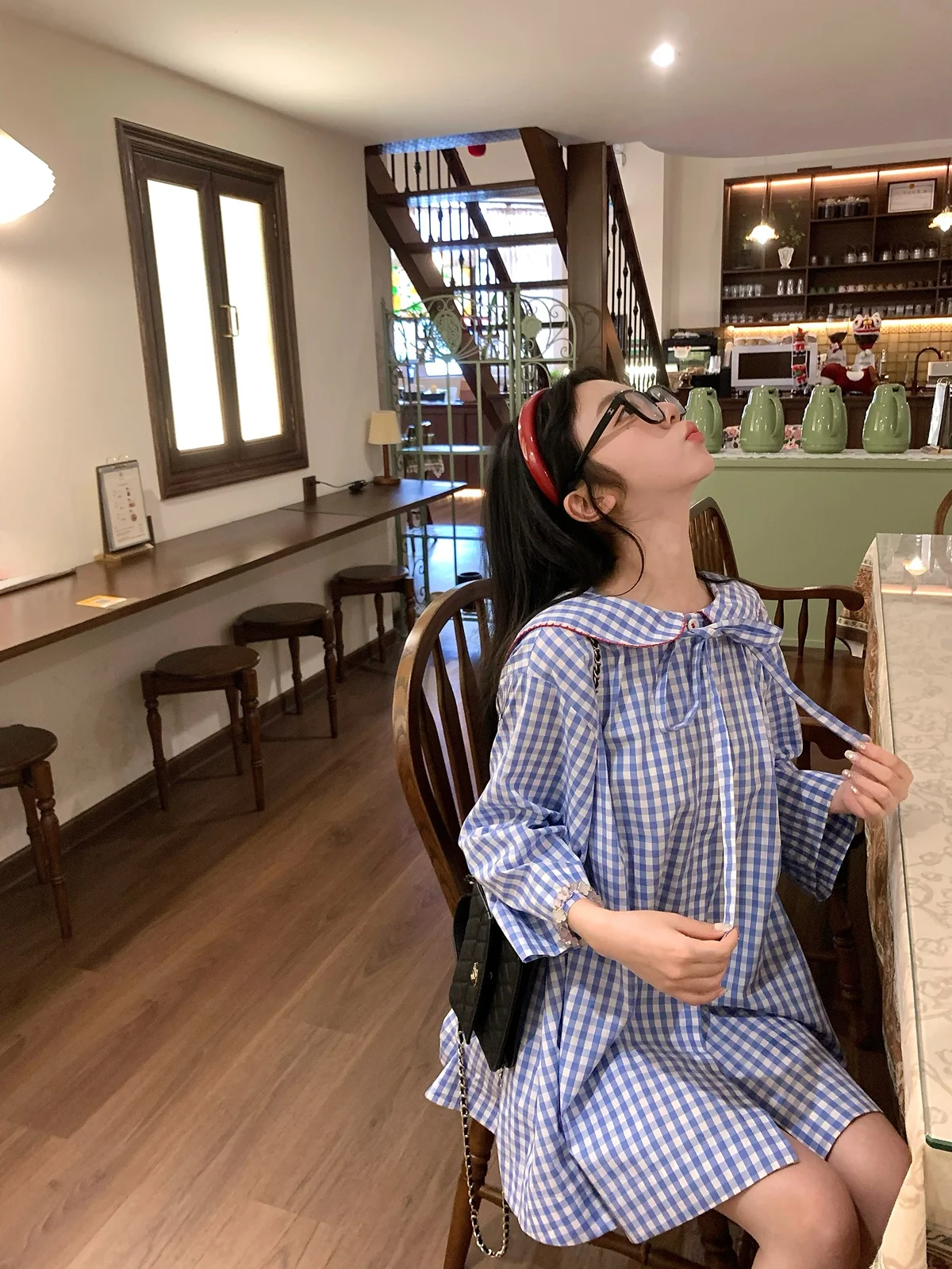 

Naval Collar Shirt Girl Style 7/8 Sleeve Plaid Naval Coat Cotton Spring Summer Casual Straight Cut Splice No Pocket Washed