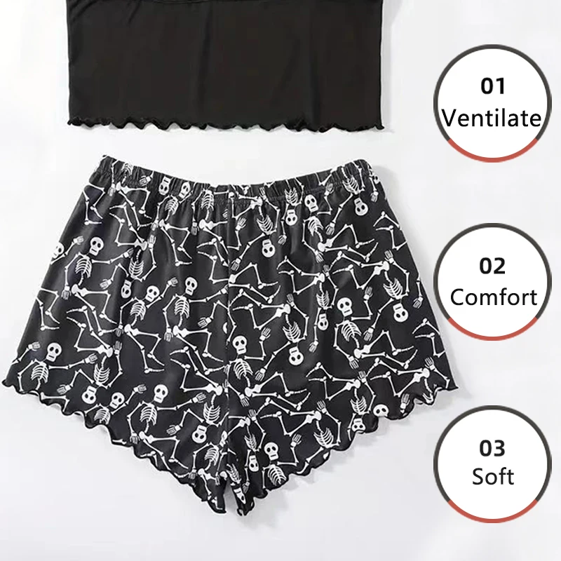 2 PCS Women Pajamas Sleepwear Pajama Set Short-Sleeved Shorts Suit S M L Black Skull Print Ventilate Soft Comfort Funny Fashion