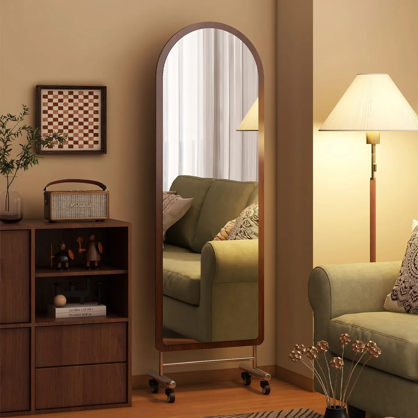 Medieval full body mirror floor mirror household bedroom movable pulley full-length mirror stainless steel Internet celebrity