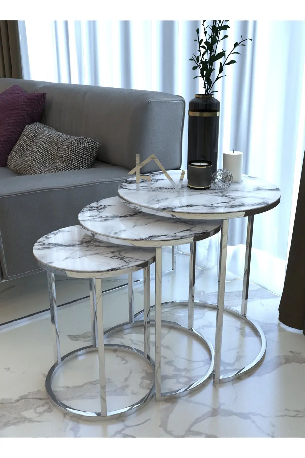 Silver White Marble Glass Coffee Tables 3pcs For Living Room For Living home furniture bedside auxiliar serving round side table