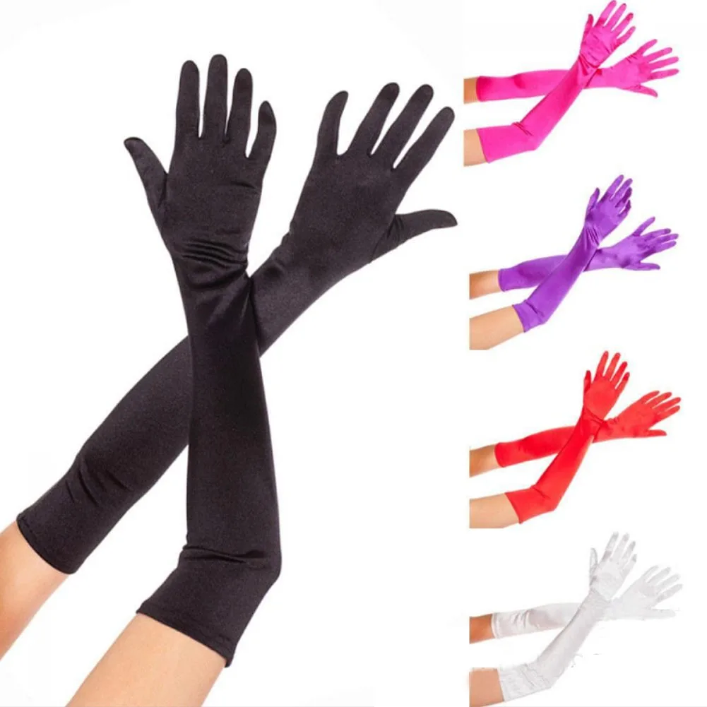 2023 New Women's Evening Party Formal Gloves Solid Color Satin Long Finger Mittens for Events Activities Red White Rose Color