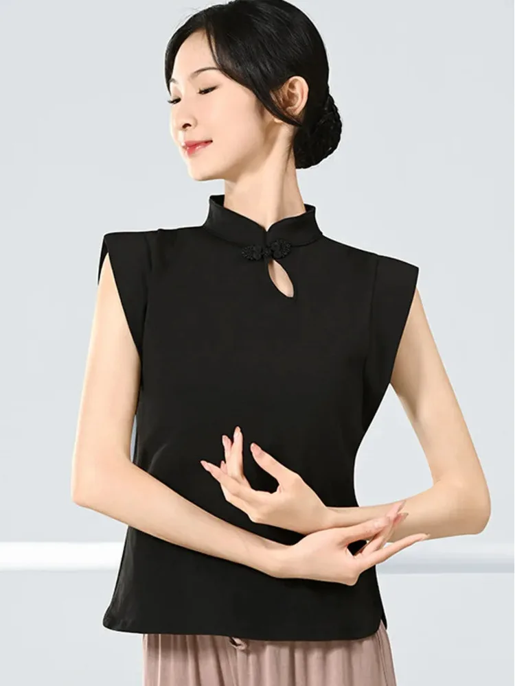 Solid Color Mandarin Collar Short Sleeve Slim Fit Dance Top for Women, Ballet Stage Practice Modern Performance Shirt