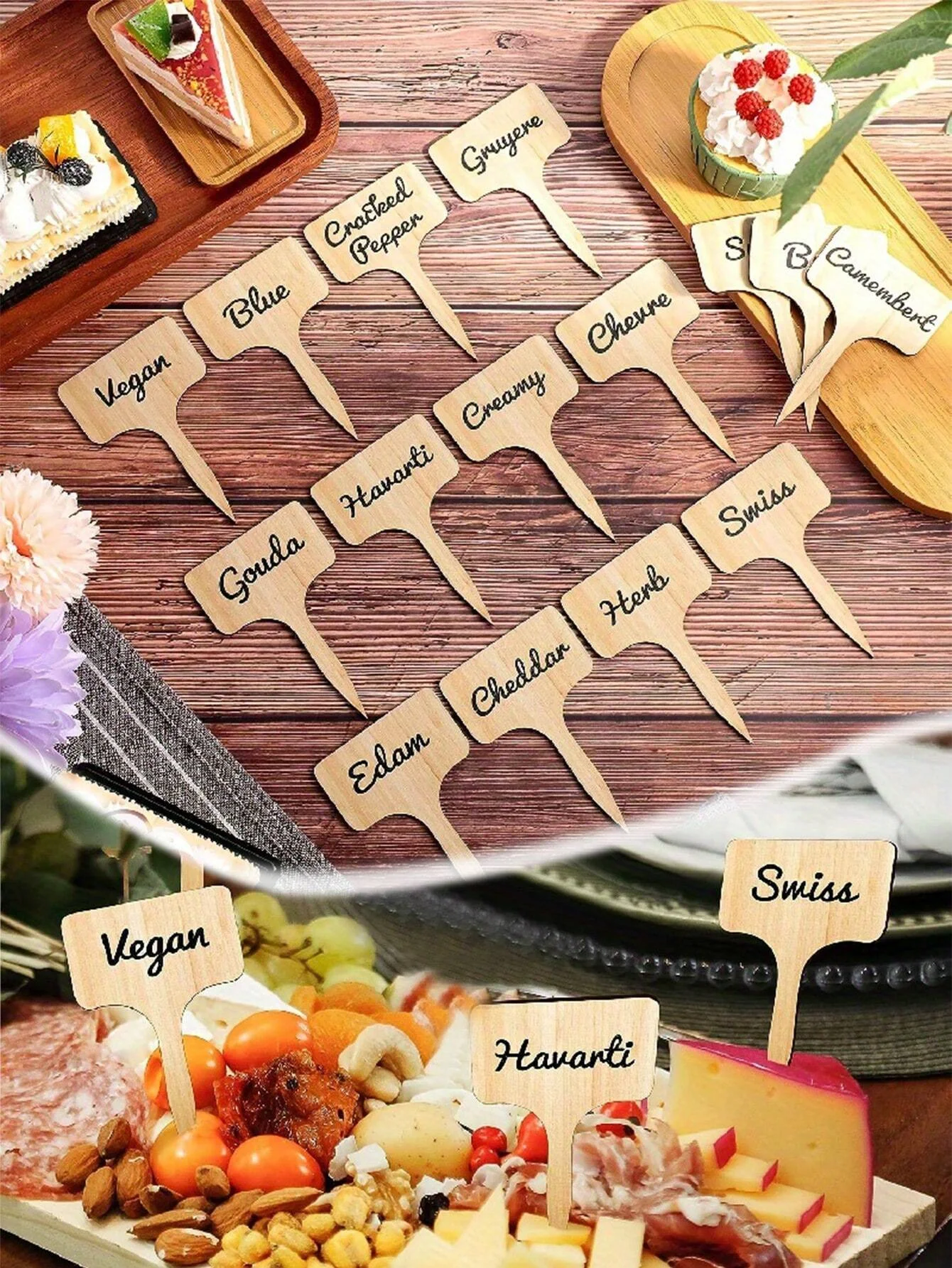 10pcs Reusable Wooden Fruit And Dessert Square Label Sticks, DIY Cheese Name Tag, Perfect For Parties, Weddings, Birthdays, And