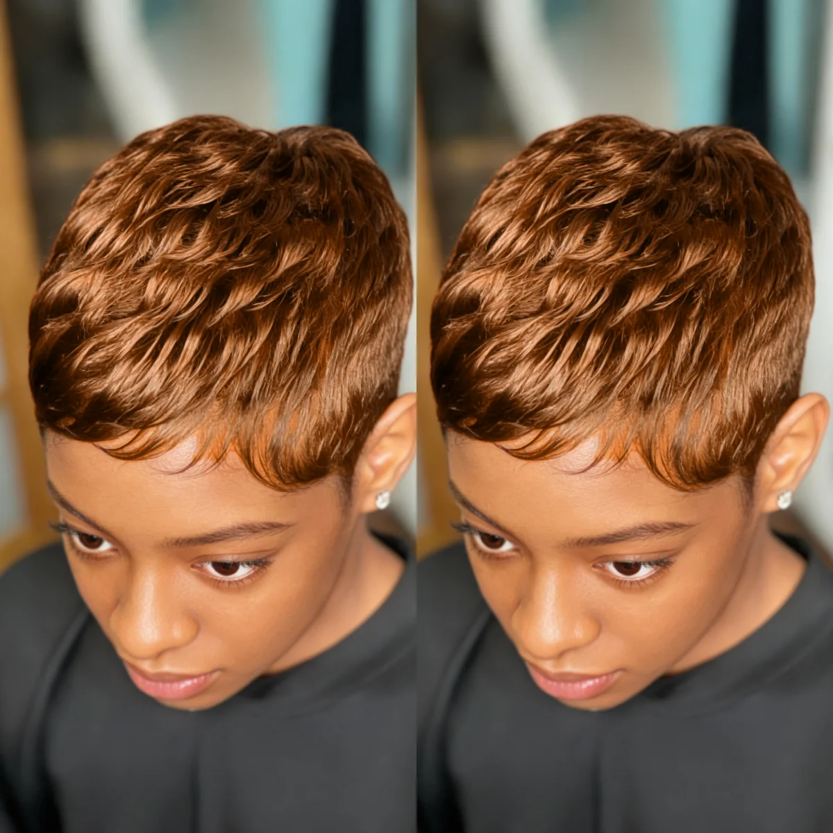 

Короткие парики из натуральных бразильских волос, стрижка пикси, слегка вьющиеся, для женщин