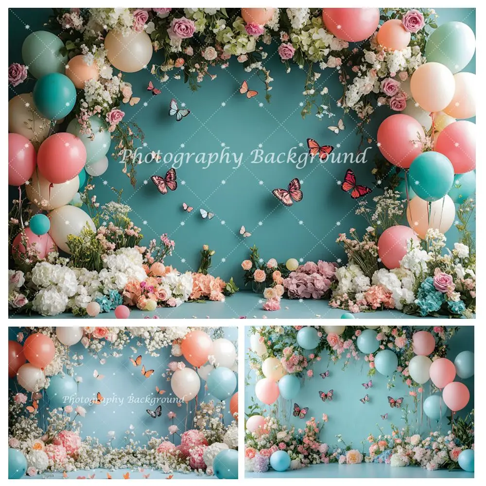 

Baby 1st Birthday Photography Backdrop Balloons Flower Butterfly Baby Shower Kids Birthday Portrait Party Decor Photo Background
