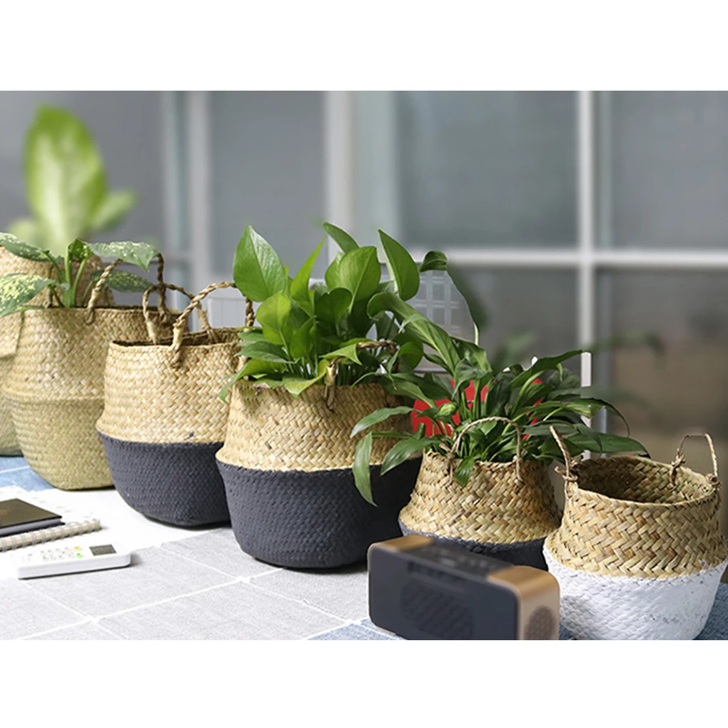 Seaweed Woven Shopping Basket Plant Flowerpot Foldable Handmade Dirty Laundry Toy Storage Organizer