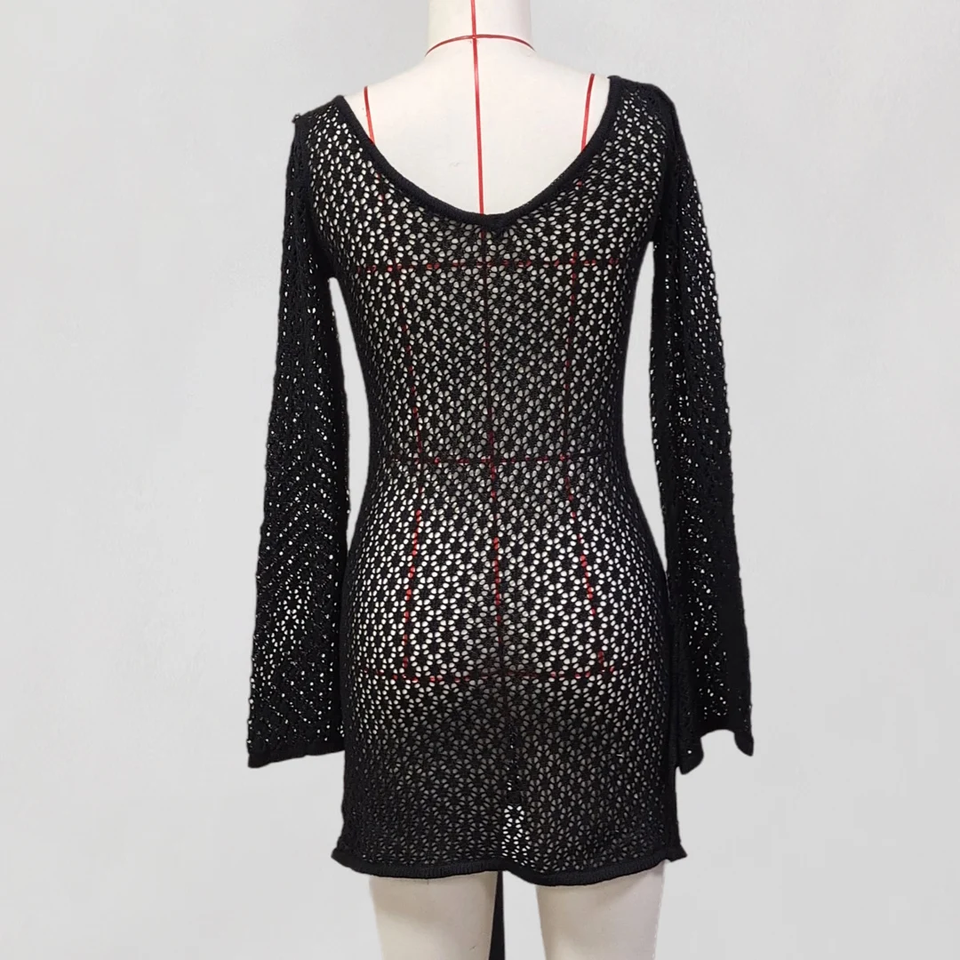 V-Ausschnitt, lange Ärmel, mit Ausschnitten versehene, gehäkelte Tunika, Strandkleid, Strandmode, Damen V6081 – Detail 14