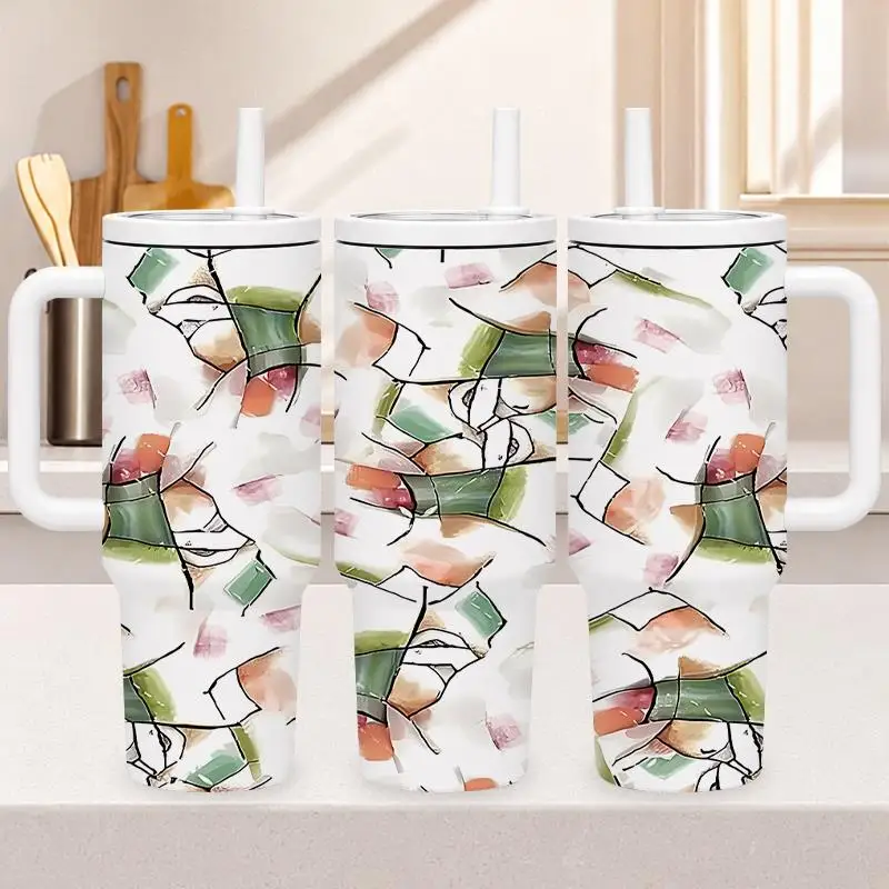 1pc 40oz 304 Stainless Steel Hand-held Cup Abstract Green Orange Watercolor Geometric Pattern Insulated Tumbler with Handle And Straw for Kitchen Office Travel Daily Hydration Suitable Gifts for Halloween Christmas And Other Special Festivals