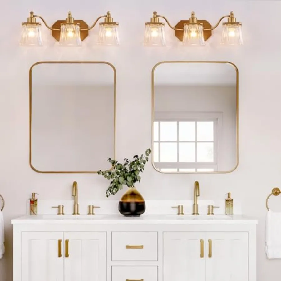 Vintage Bathroom Light Fixtures, Gold Vanity Light with Ribbed Crystal Glass Shade, 21.4