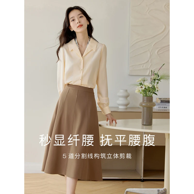 INMAN Women Skirt 2023 Spring Elastic Waist A-shaped Loose Side Pockets Green Coffee Elegant Office Mid-length Skirt