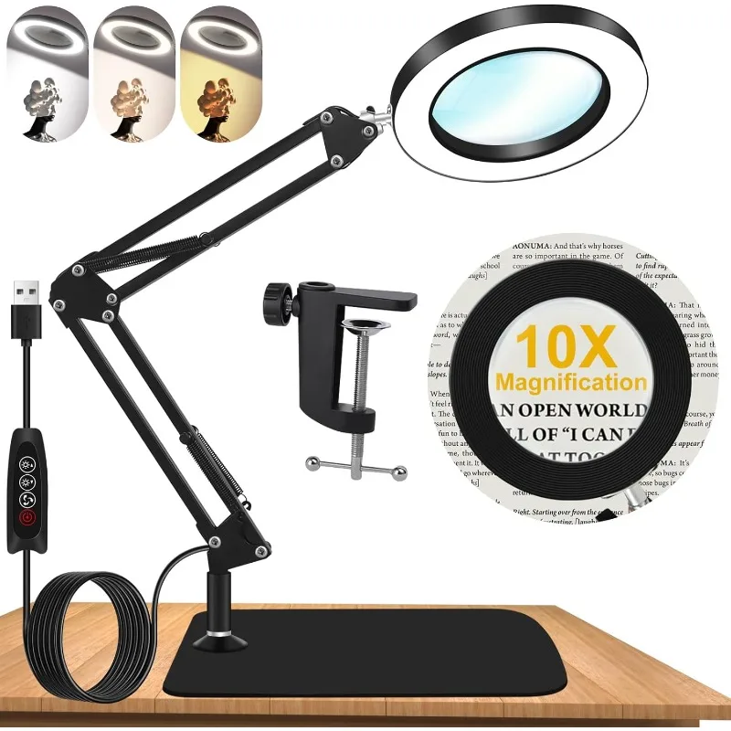 10X Magnifying Glass with Light and Stand, Dimmer Adjustable Swing Arm 2in1 Desk Lamp and Clamp for Craft Reading Repair Work