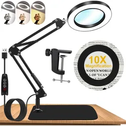 10X Magnifying Glass with Light and Stand, Dimmer Adjustable Swing Arm 2in1 Desk Lamp and Clamp for Craft Reading Repair Work