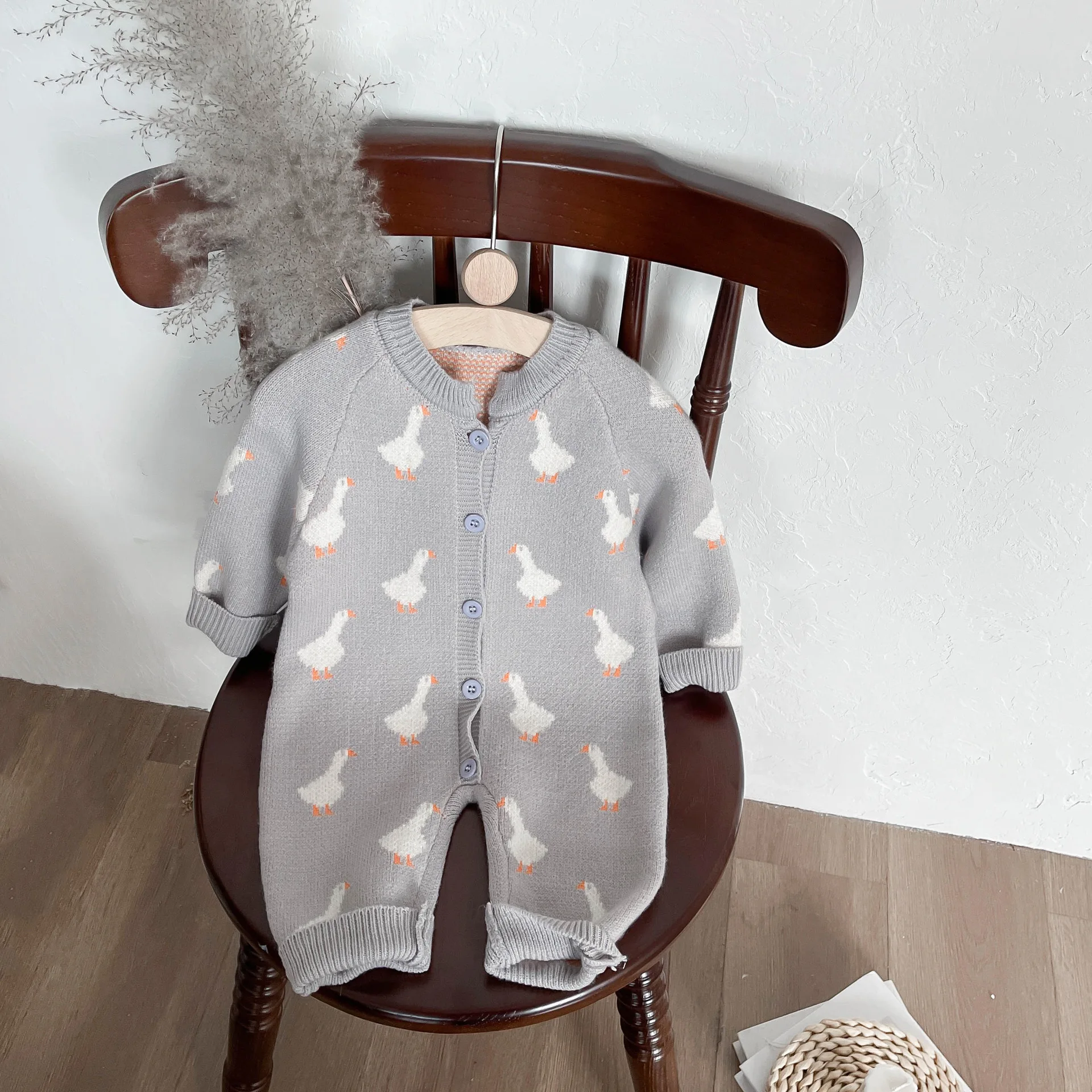 Baby Girls Boys Cute Cartoon Duck Spring Autumn Long Sleeve Knitting Rompers Infant Kids Overalls