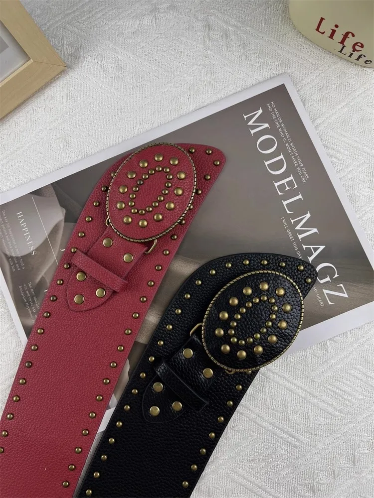 Women's Fashion Vintage Rivet PU Leather Corset Female Cummerbund Coat Waistband Dress Decration Wide Belt  J672