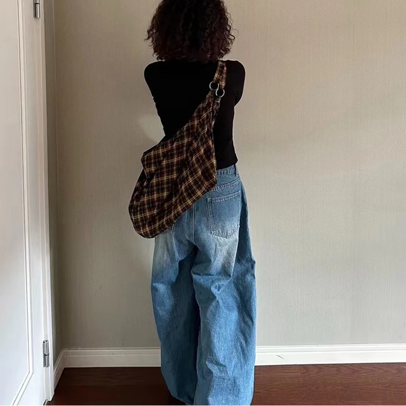Koreanische karierte Canvas-Umhängetasche, Vintage-Mode-Rucksack, Damen-Tasche mit großem Fassungsvermögen, leichte, lässige Tragetasche für den Arbeitsweg – Detail 14