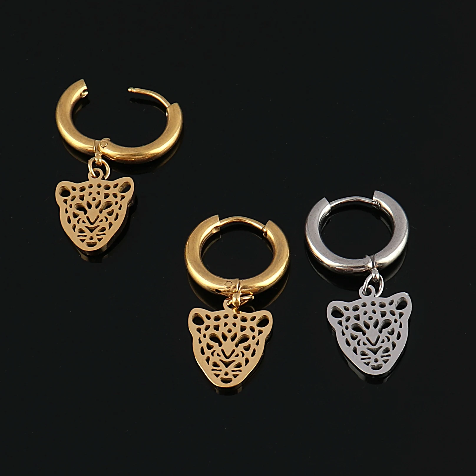 Stainless Steel Leopard Tiger Head Hoop Earrings For Women Lion Charms Drop Earring Statement Animal Jewelry Party