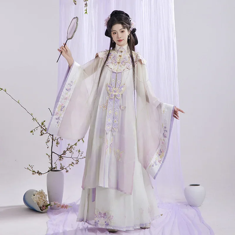 

KKQ04 Hanfu Ming Standing Collar Gown Cloud Shoulder Waist Horse Skirt Heavy Embroidery Clasp Flowers Spring Summer Style