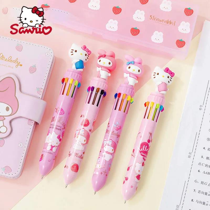 Sanrio 3pcs 10-Color Ballpoint Pen Kawaii Hello Kitty My Melody Family Image Push-Type Student Multicolor Pen Children'S Cartoon