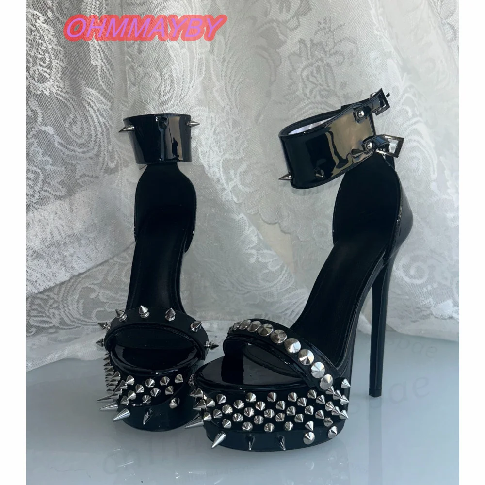 Women Black Studded Platform Sandals Open Toe Stiletto High Heels Spike Trim Glossy Finish Ankle Cuff Buckle Gothic Party Shoes