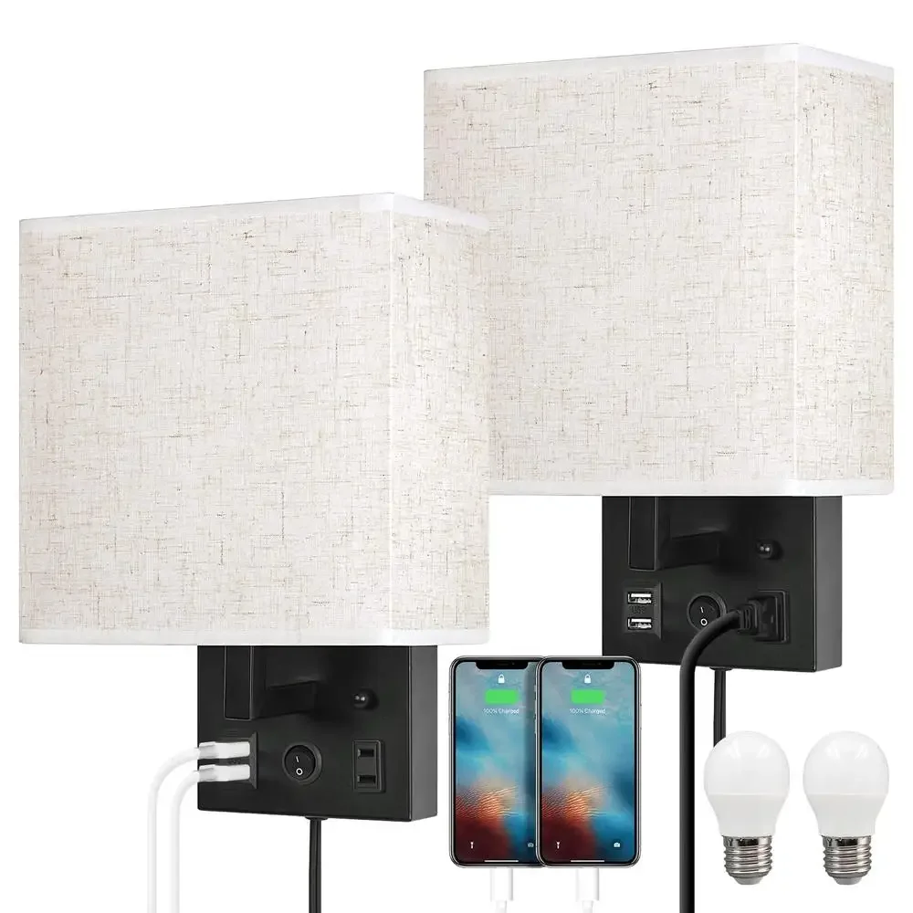 Set of 2 Plug in Wall Lamps with USB Charging Port and AC Outlet Modern Wall Sconces Eye Protection Lighting Bedroom Living Room