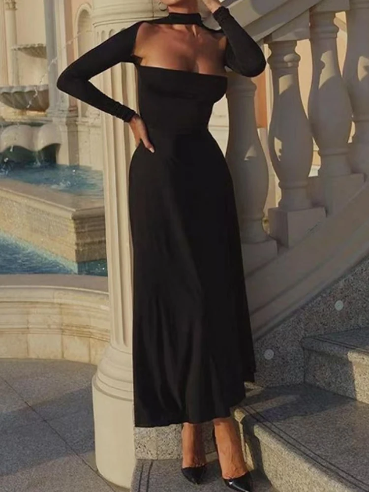 Elegant Autumn Long Sleeve Halter Party Dress Women Chic Solid Color Draped A-line Dress 2024 Temperament Hollow Out Long Dress