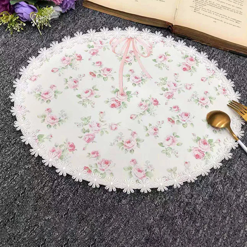 Korean Floral Placemat Heart-shaped Lace Coaster Home Kitchen Dining Table Protective Mats Round Placemats Pot Mat Home Decor