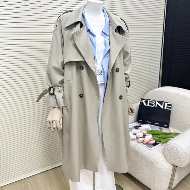 Light gray trench coat women's medium and long autumn new Korean version fashion British style high-end coat