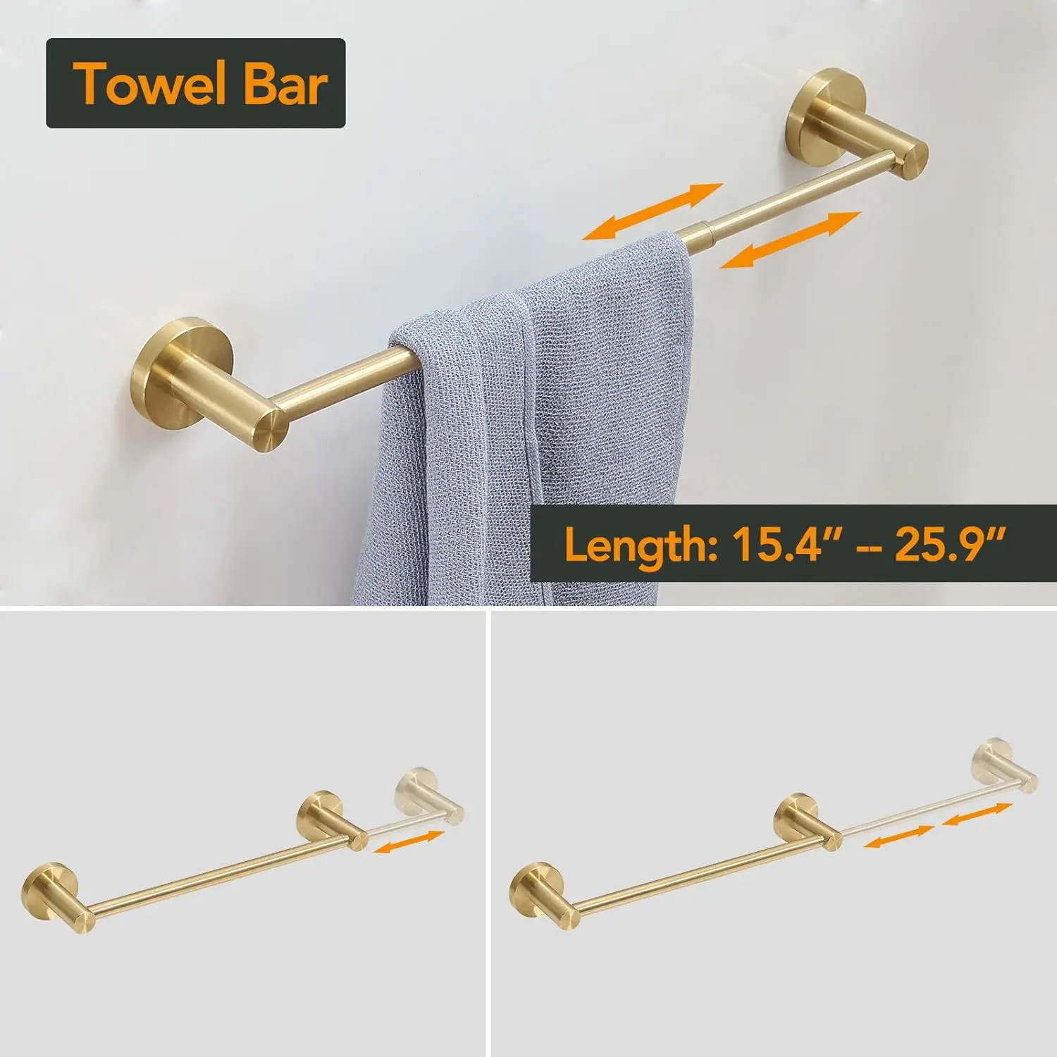 BESy 4 Piece Bathroom Accessories Set (Adjustable 16 to 26 Inch Towel Bar, Towel Ring, Toilet Paper Holder,Towel Hook), Wall Mou