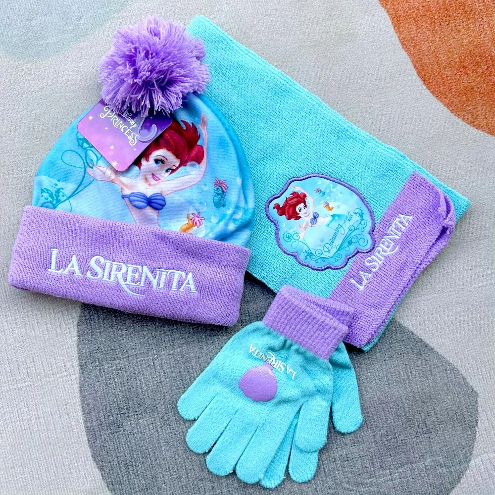 ディズニーリトルマーメイドアリエルかわいい帽子スカーフ手袋ニット 3 個セット子供暖かい漫画冬アクセサリー女の子クリスマスギフト