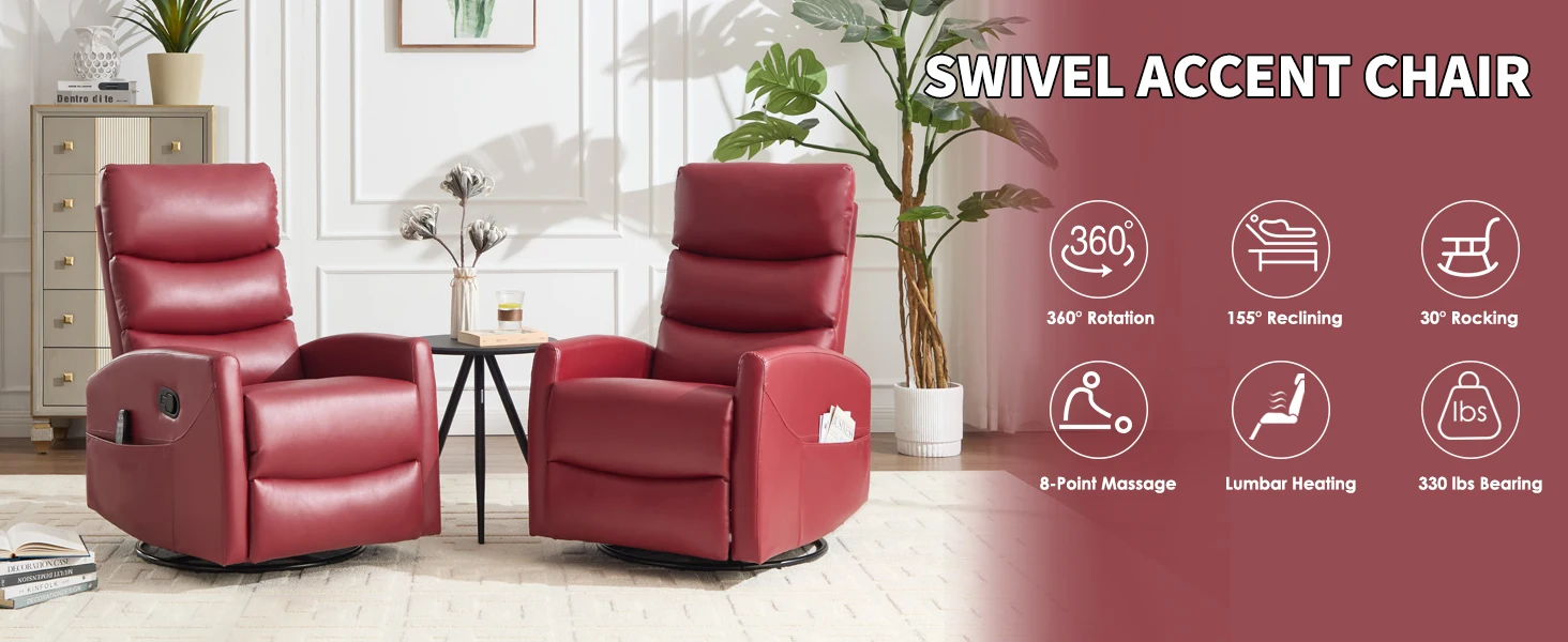 Red Fabric Manual Recliner Chair, Heat Massage & Rocker Swivel, Living Room Lounge Chair view 8