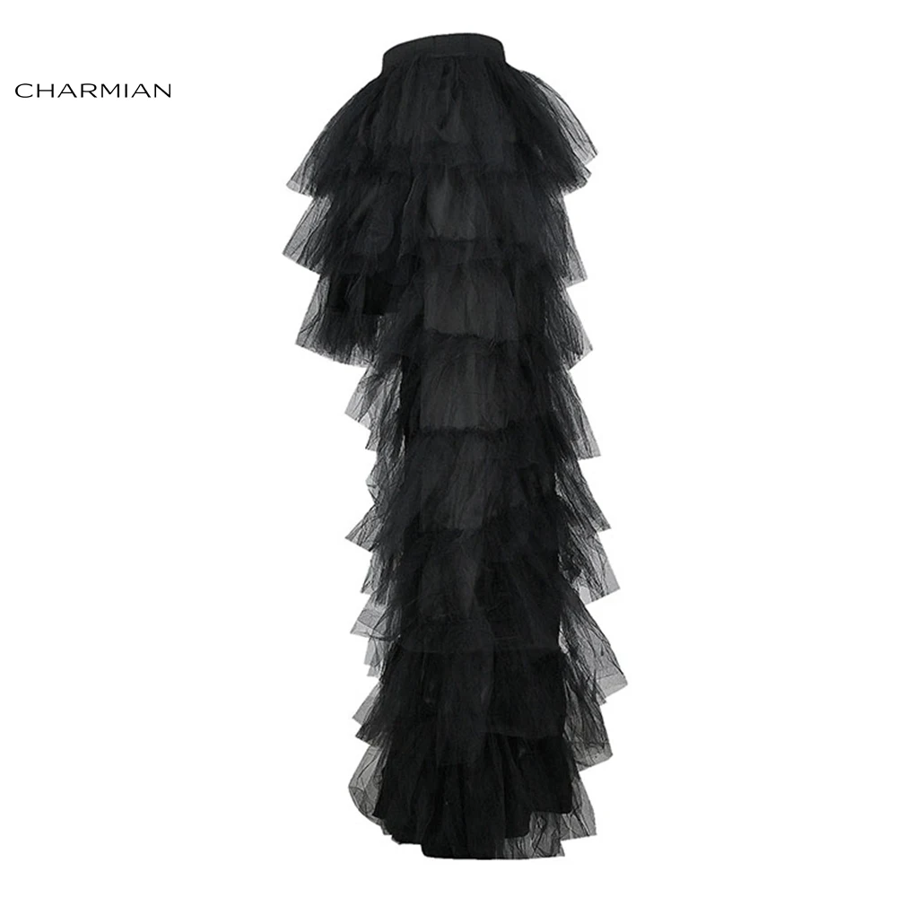 Charmian-falda de tul Alto y Bajo para mujer, falda negra Retro multicapa de gasa elástica de cintura alta para baile, enagua para fiesta, disfraz