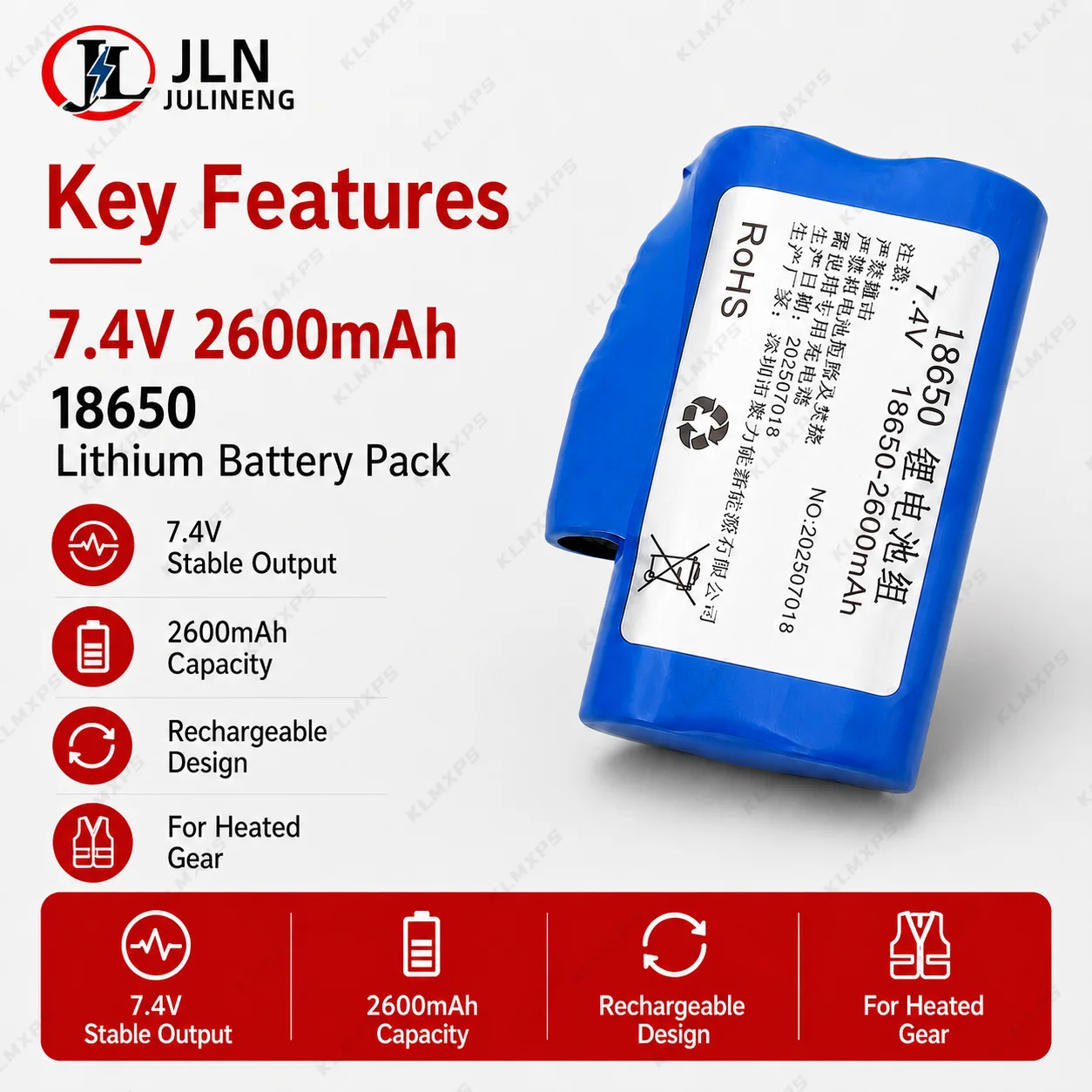 18650 7.4V 2600mAh 3400mAh Rechargeable Lithium Battery Pack for Heated Gloves Vest Insoles Knee Pads Heating Clothes