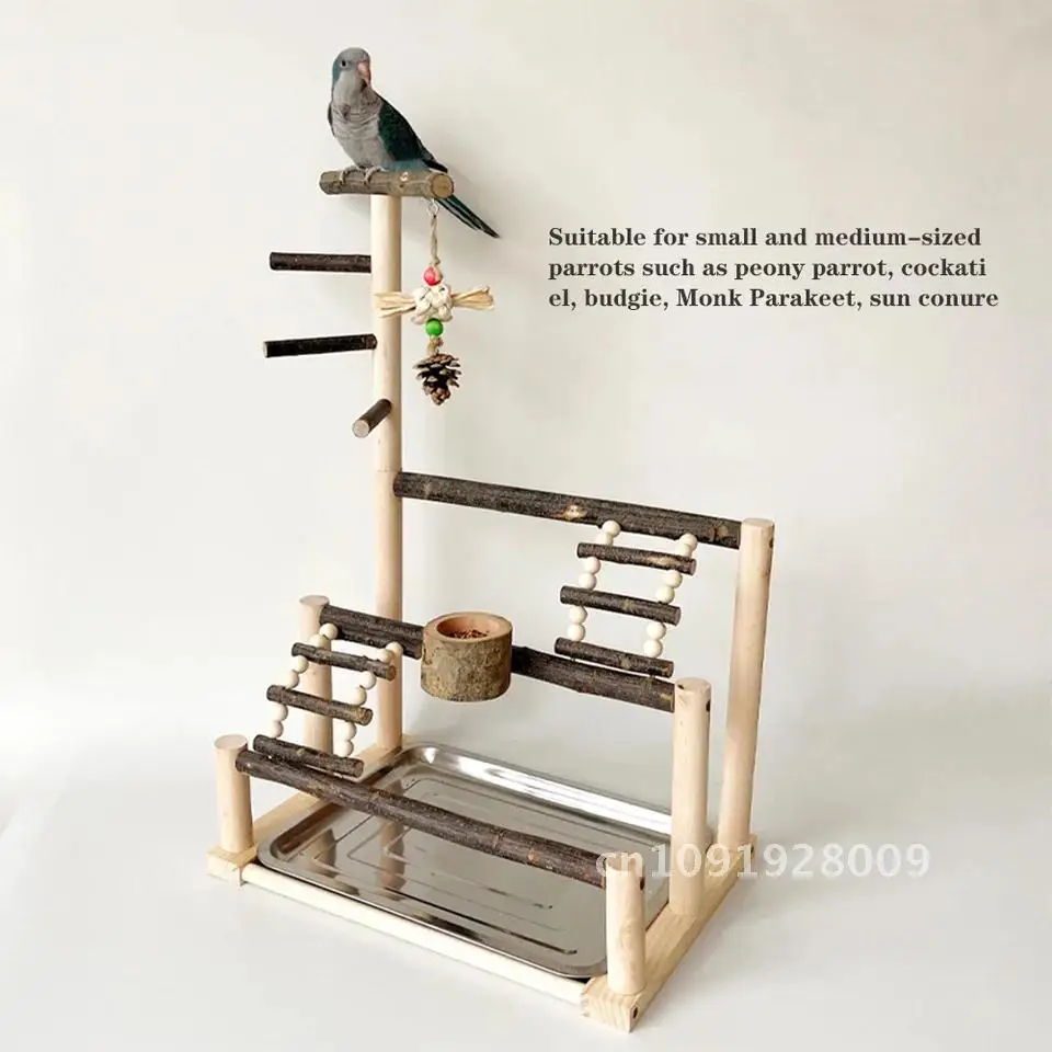 

Bird Playground Parrot Natural Wood Perch Stand with Stainless Bird Feeding Tray For Cup Accessories Steel Supplies Ladder