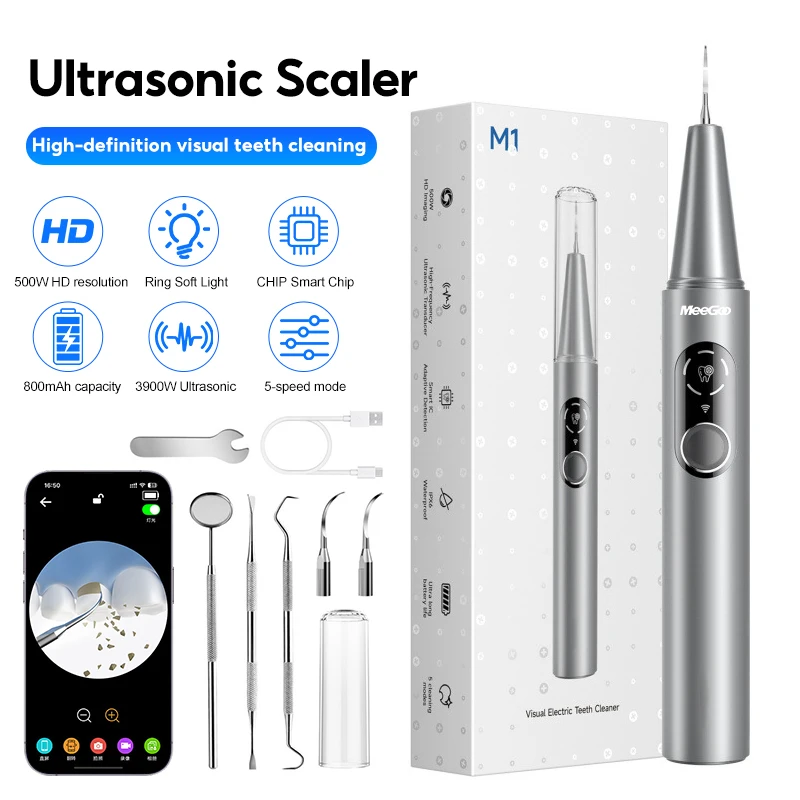 MeeGoo M1Pro Visual Ultrasonic Teeth Cleaner, 39000Hz Vibration, IPX6 Waterproof, 5 Cleaning Modes, APP Connected, Type-C Chargi