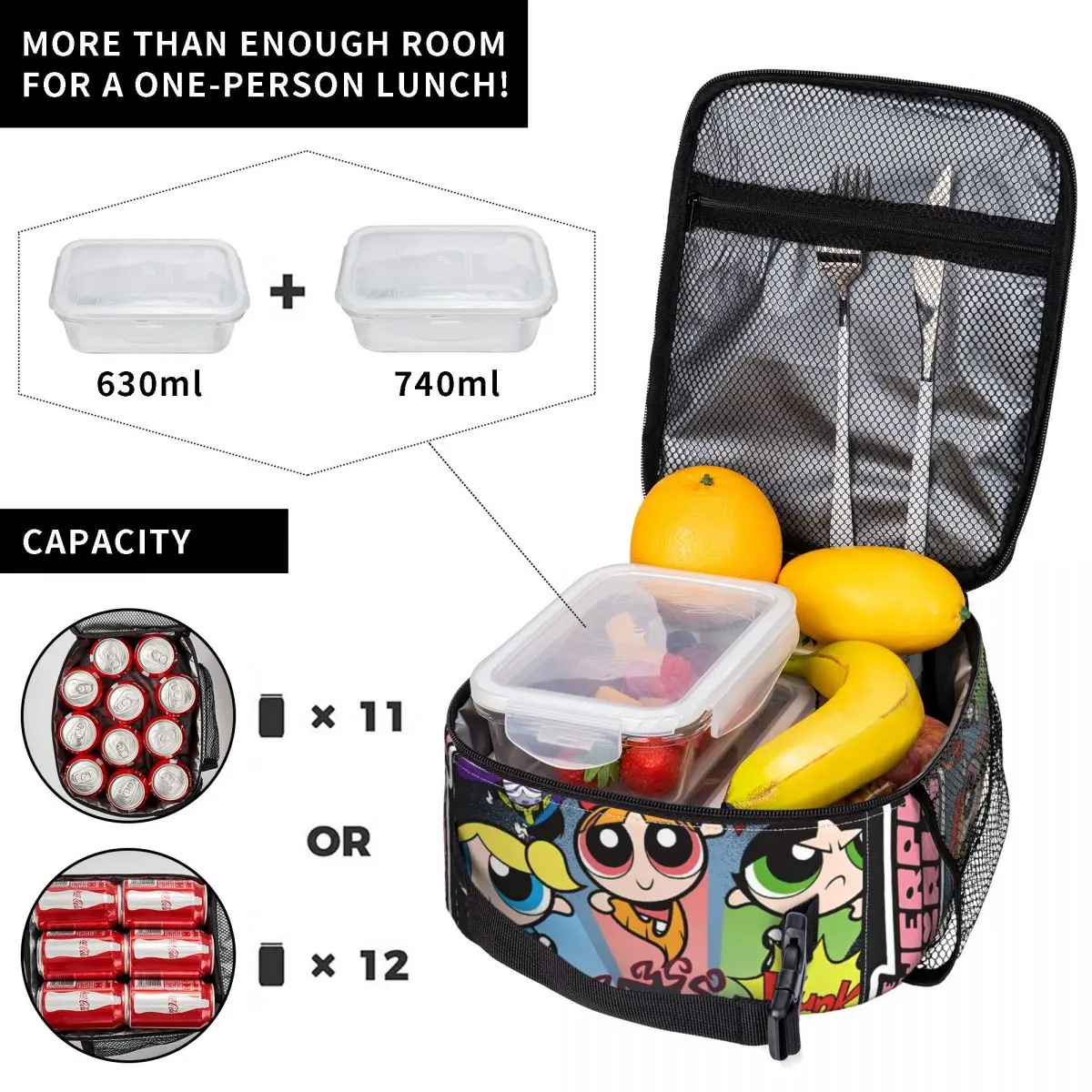 P-PowerPuffs Lunch Bag Cute Portable Insulated Lunch Box Girls Travel Designer Cooler Bag Fashion Waterproof Tote Food Bags
