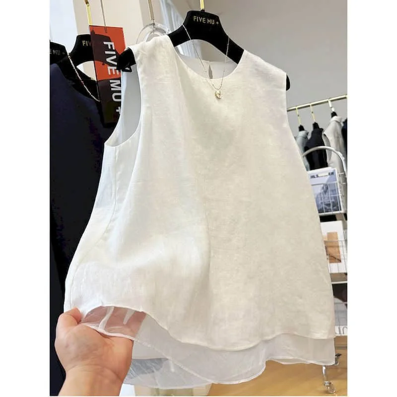 Elegant Vests Cotton Linen O-neck Loose Casual Korean Style Sleeveless Mesh Splicing Shirts 2026 New Summer Sale Women Clothing