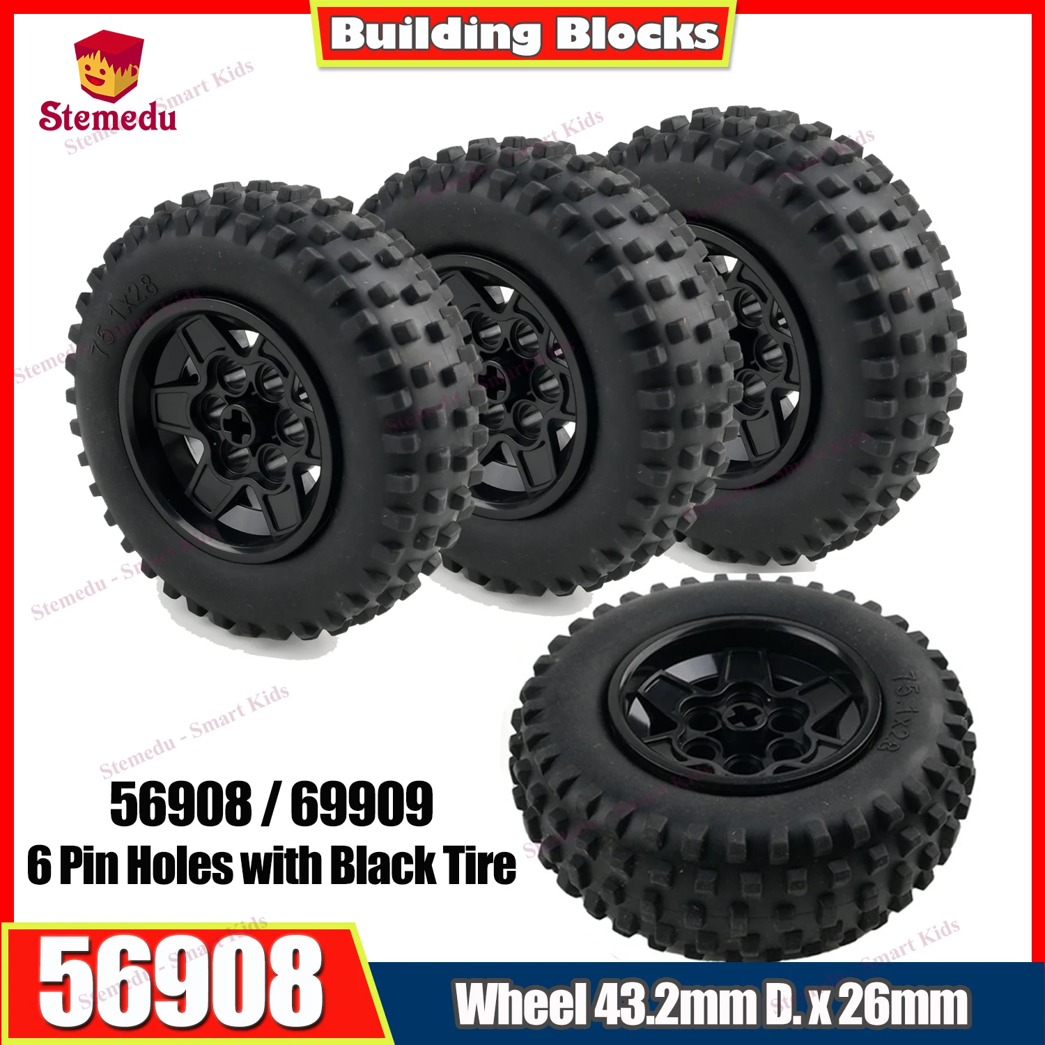 

4pcs/set 56908 69909 Wheel 43.2mm D.x26mm Technic Racing Small 6 Pin Holes with Black Tire 75.1x28 Spiky Tread