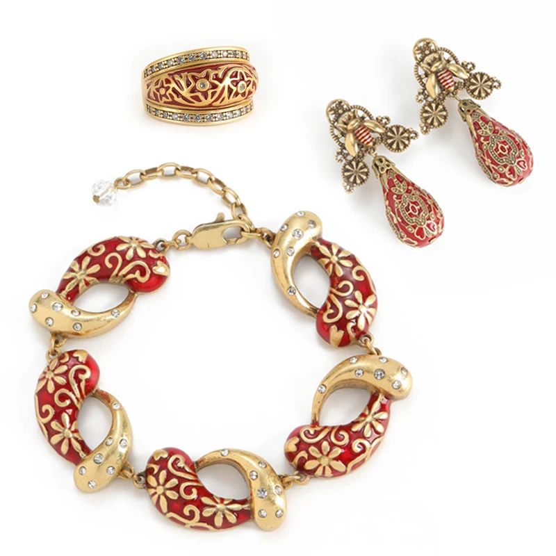 Vintage Red Enamel Bee Jewelry Sets Bracelet Earrings Rings For Women Luxury Trendy Classic High Quality Gift Wedding Party