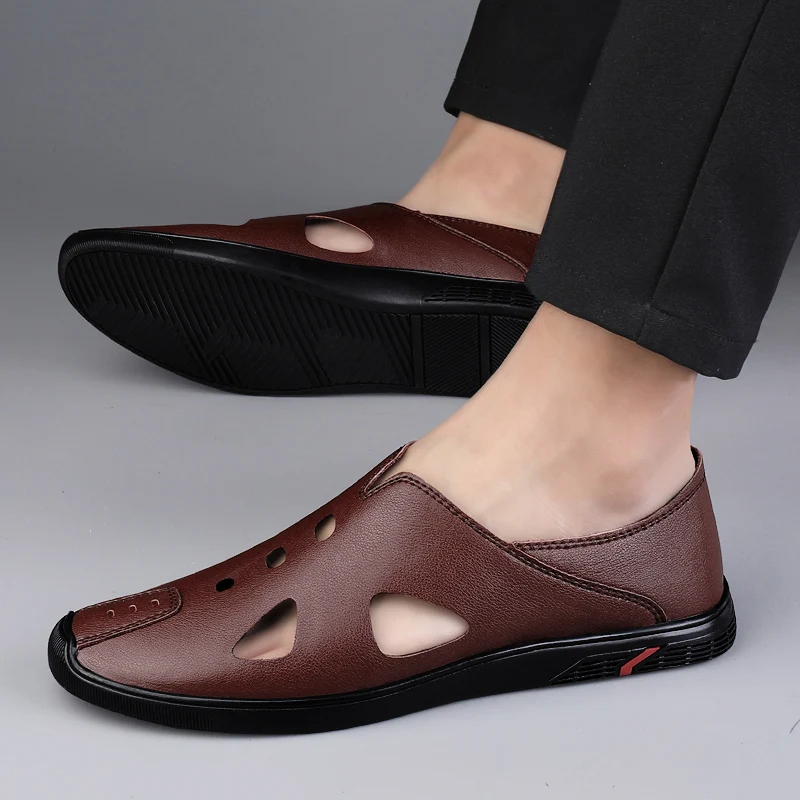 Men Driving Sandals Cozy Hollow Non-slip Soft Cool Lighted Breathable All-match Perforated Shoe Versatile Casual Leather Sandals