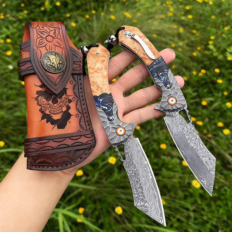 Handcrafted Damascus steel folding pocket knife with a high-hardness blade, leather sheath, and resin and maple wood handle—designed for easy portability during outdoor activities, mountaineering, fishing, exploration, and hiking