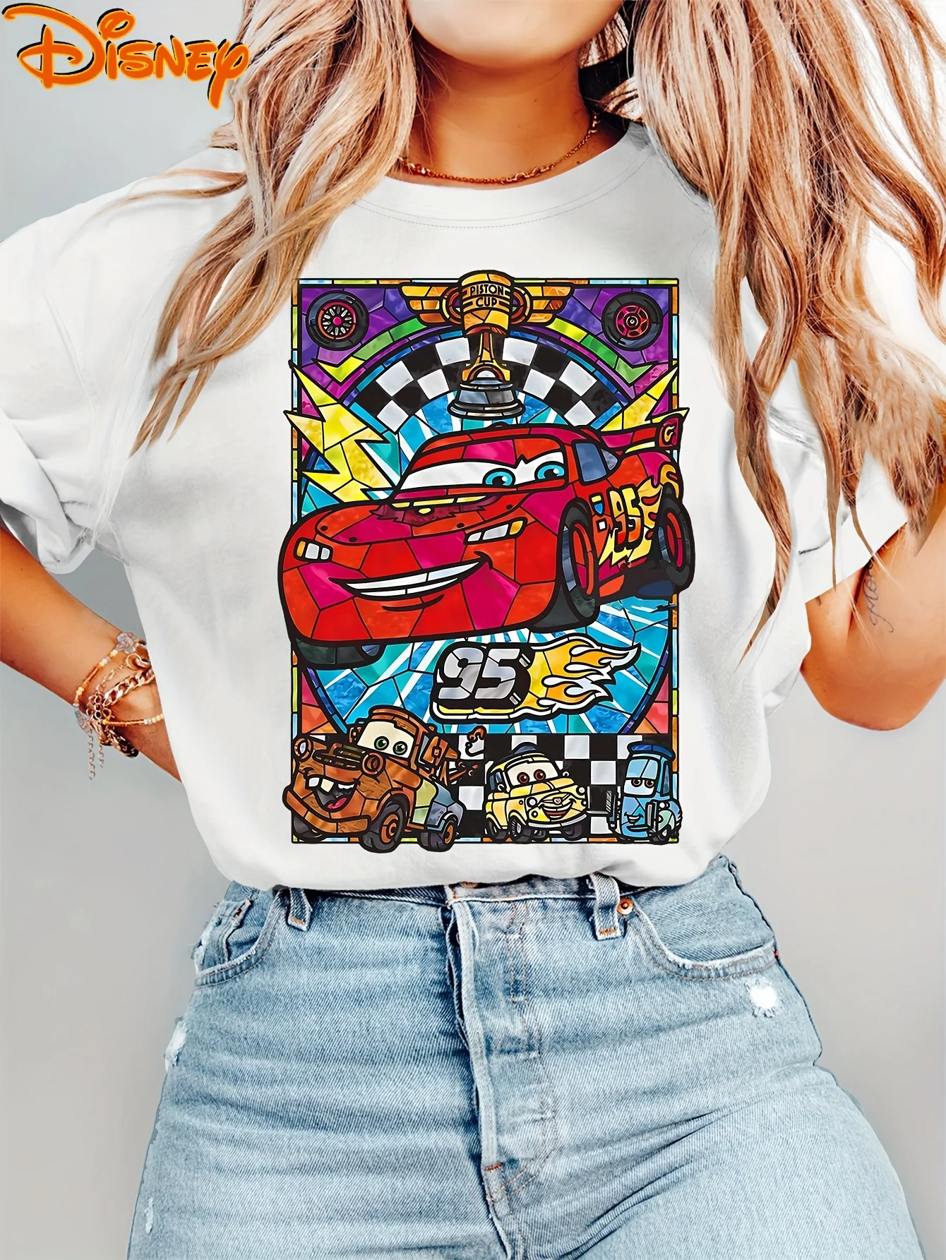

Женская футболка Disney Cars Lightning McQueen, мужская хлопковая футболка с круглым вырезом, повседневная уличная одежда большого размера с короткими рукавами, топ унисекс для пар