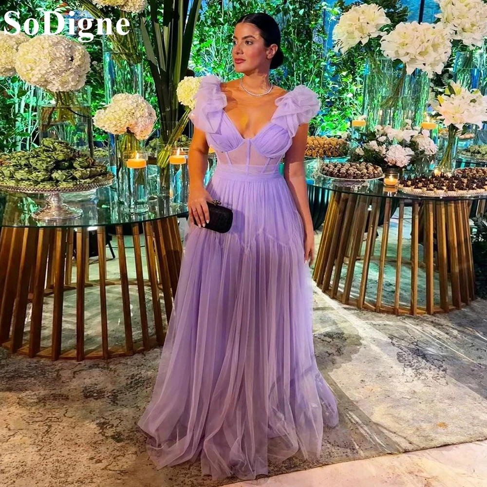 

SoDigne Lavender Tulle Evening Dresses Ruched Off Shoulder Draped Pleated Party Dress 2024 Formal Prom Gown for Women Customized