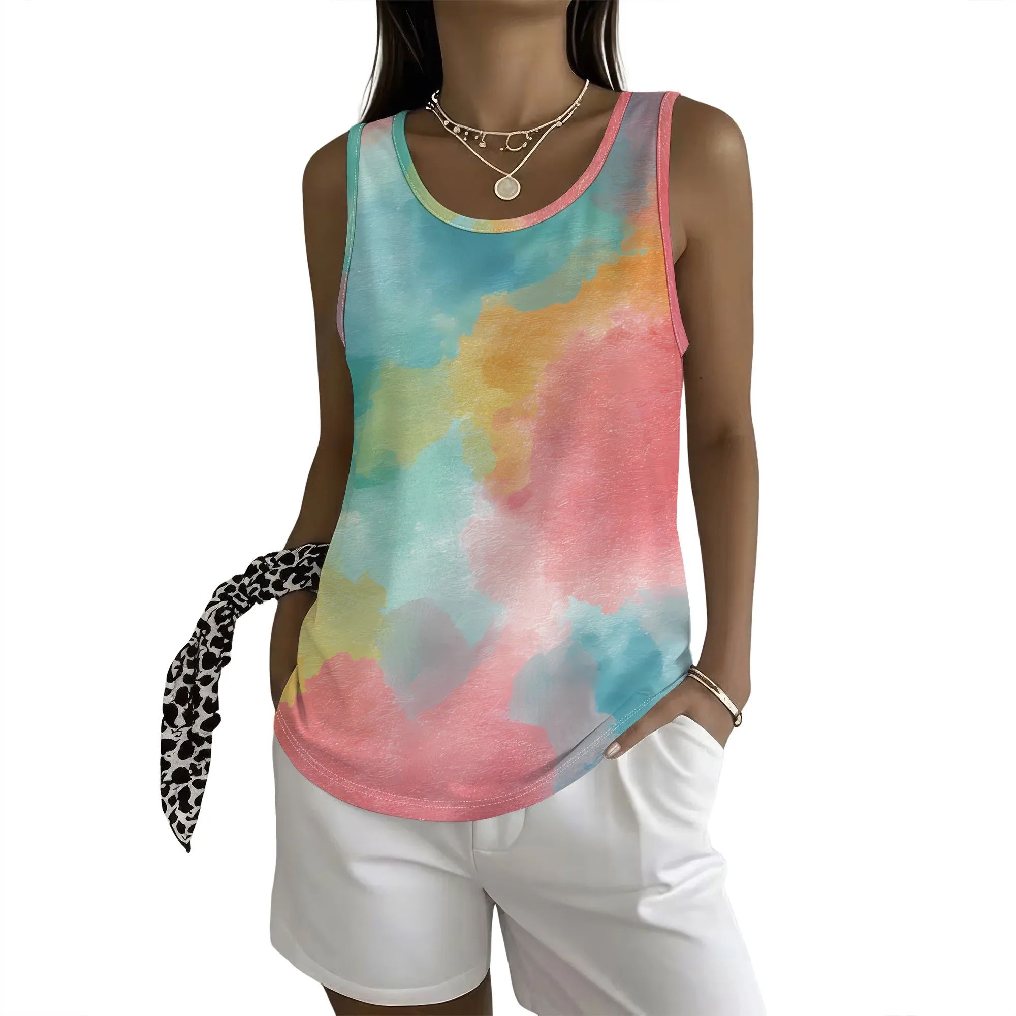 Pastel Tie Dye Tank Top Colorful Watercolor Print Blouse Soft Sleeveless Summer Shirt for Women Casual Beach Vacation Wear