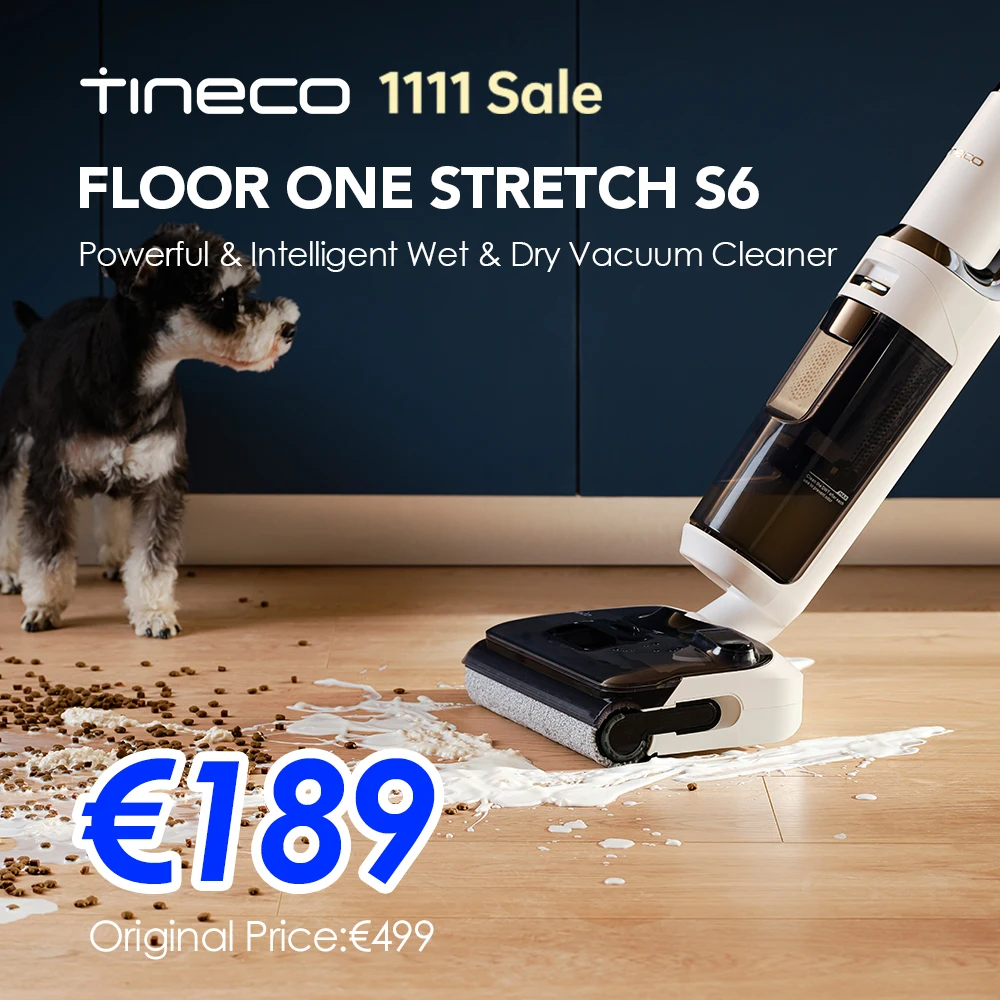 Tineco Floor One Stretch S6 Nat- en droogstofzuiger, 180° plat ontwerp met 13 cm lighoogte