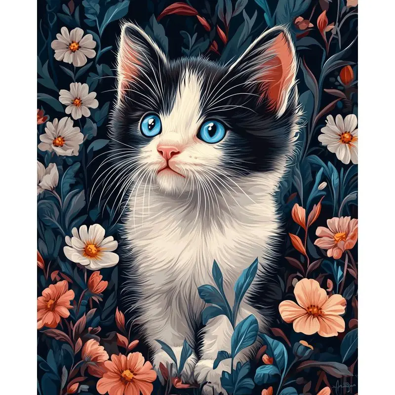 Pintura fotográfica personalizada con números, flor, gato negro, arte pintado a mano para sala de estar, pintura de imagen fácil dibujada a mano, decoración de pared interior