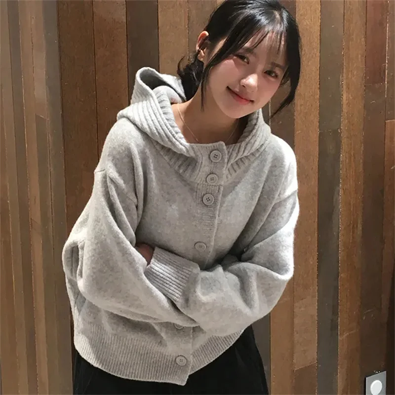 

Fashionable Versatile Button-Up Hooded Open Cardigan Sweater Jacket Casual Loose Fit Women's Spring Autumn Winter Warm Nylons